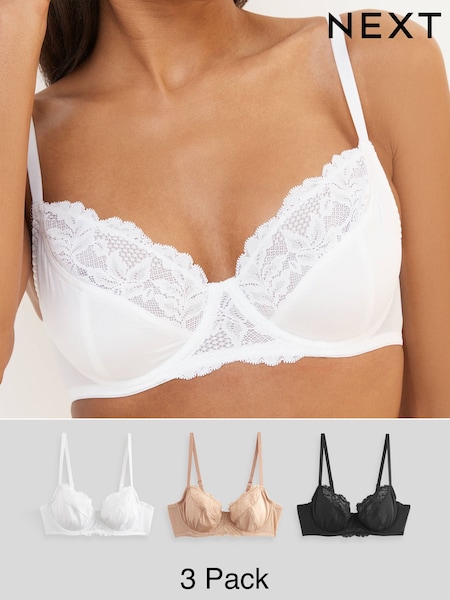 Black/White/Praline Nude 3 Pack Floral Print Non Pad Full Cup Bra (N17260) | OMR16
