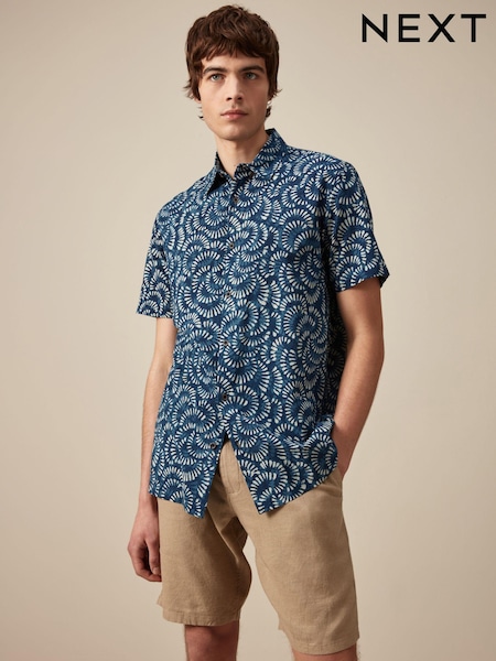 Albastru - 100% Cotton Floral Mânecă scurtă  Oxford Cămăși (N17328) | 119 LEI