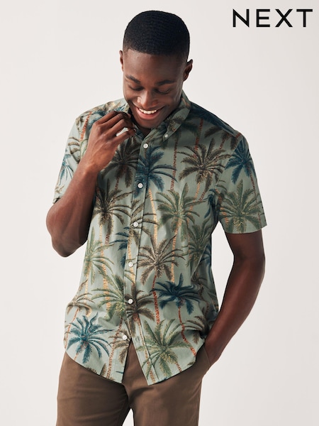 Verde - 100% Cotton Printed Floral Short Sleeve Oxford Shirt (N17331) | 119 LEI