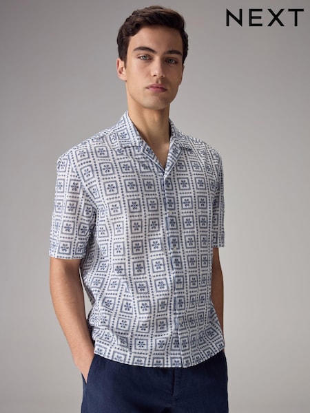 Albastru - 100% Cotton Broderie Mânecă scurtă Cămăși (N17338) | 139 LEI