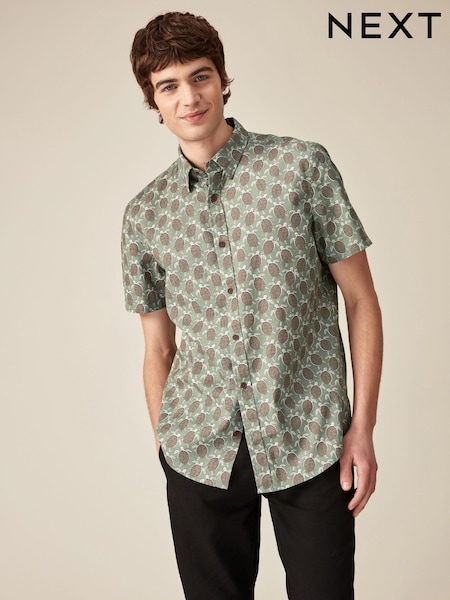 Green Linen Blend Printed Short Sleeve Shirt (N17339) | 29 QAR