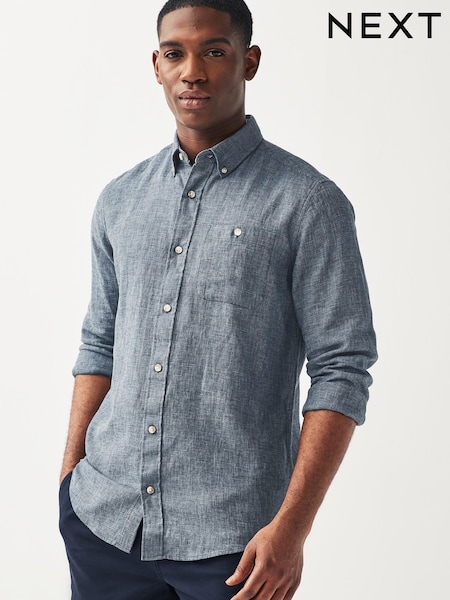 Navy Standard Collar Linen Blend Long Sleeve Shirt (N17379) | €12