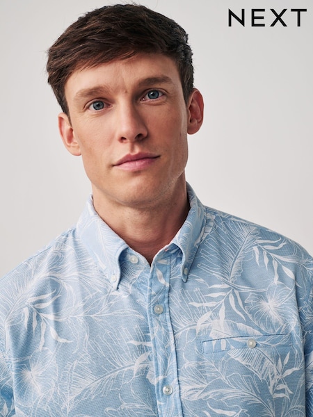 Albastru - 100% Cotton Textured Floral Short Sleeve Oxford Shirt (N17493) | 119 LEI