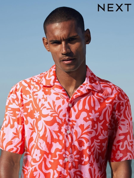 Pink Printed Short Sleeve Shirt with Cuban Collar (N17495) | €6
