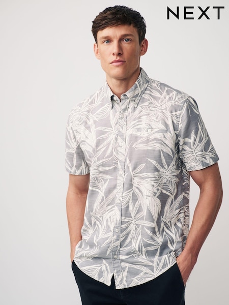 Grey 100% Cotton Textured Floral Short Sleeve Oxford Shirt (N17496) | €12