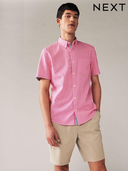 Pink 100% Cotton Linen Blend Printed Short Sleeve Oxford Shirt (N17500) | €6