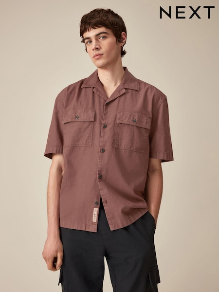 Rust Brown Linen Blend Short Sleeve Shirt with Cuban Collar (N17782) | €17.50