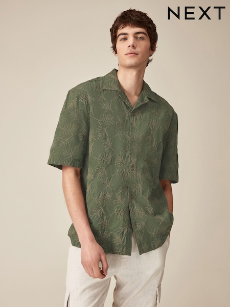 Verde - 100% Cotton Mânecă scurtă Cămăși brodat cu Guler cubanez (N17783) | 127 LEI