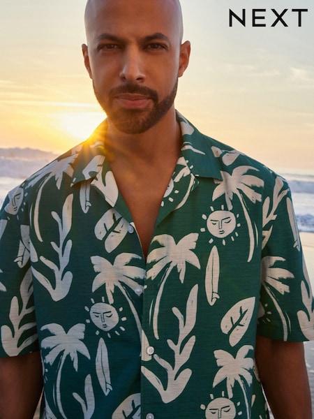 Green Printed Short Sleeve Shirt With Cuban Collar (N17905) | €6