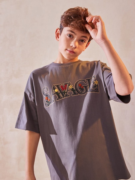 Grey Embroidery Oversized Fit 100% Cotton Short Sleeve Graphic T-Shirt (3-16yrs) (N17952) | €6 - €8