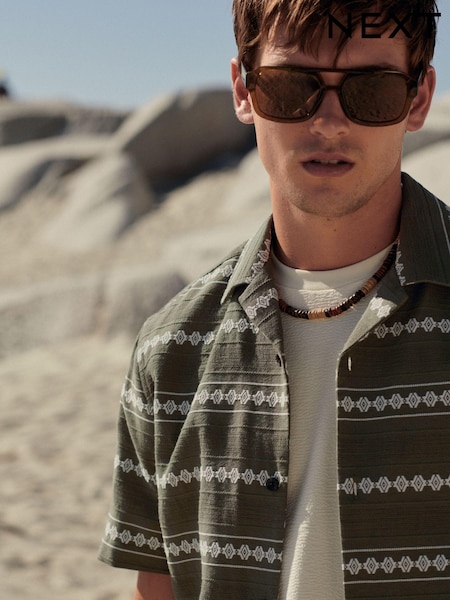 Verde - Textured Horizontal Stripe Short Sleeve Cuban Collar Shirt (N18065) | 119 LEI