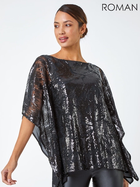 Roman Black Sequin Overlay Stretch Top (N18070) | €21