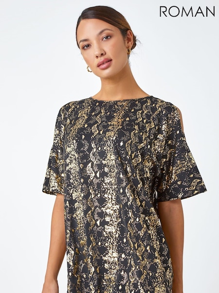 Roman Black Foil Print Cold Shoulder Stretch Top (N18092) | €21.50