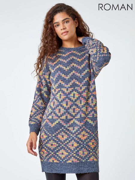 Roman Blue Geometric Print Jacquard Knitted Jumper Dress (N18112) | €22.50