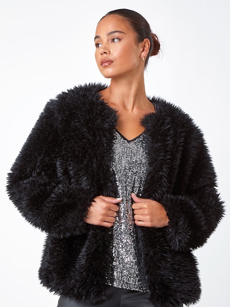 Roman Black Petite Soft Faux Fur Coat (N18342) | €34