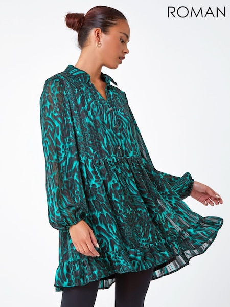 Roman Green Petite Animal Print Frill Hem Dress (N18354) | €27