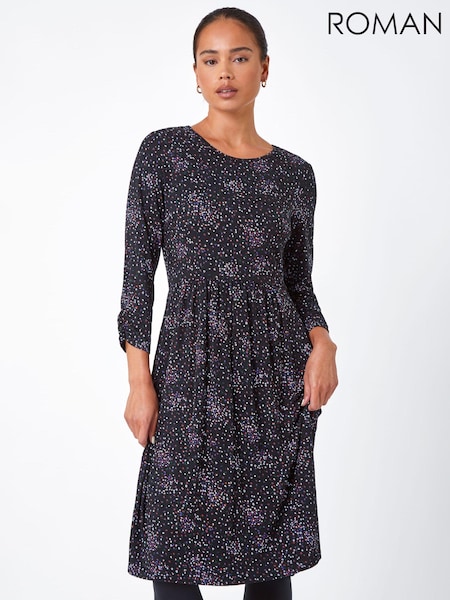 Roman Black Petite Ditsy Floral Ruched Stretch Dress (N18359) | €26