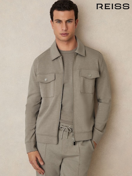 Reiss Taupe Medina Interlock Jersey Zip-Through Overshirt (N18495) | $232