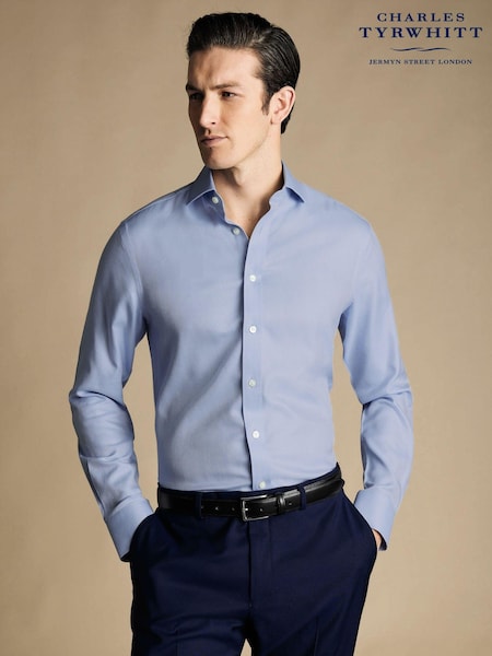 Charles Tyrwhitt Blue Slim Fit Cutaway Non-iron Herringbone 100% Cotton Shirt (N18855) | €93