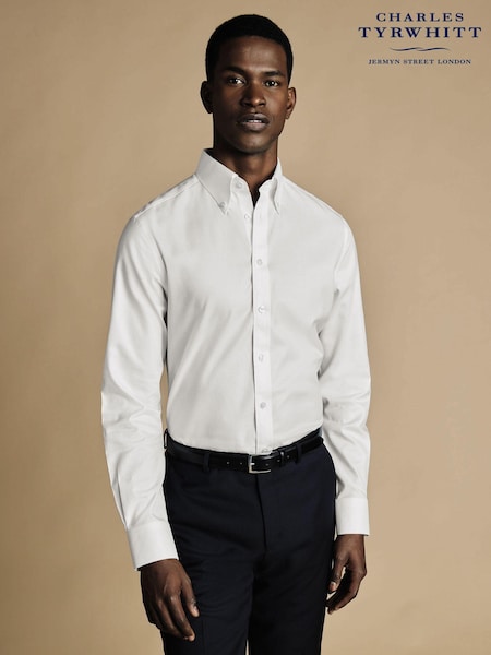Charles Tyrwhitt White Non-iron Button-Down Twill Slim Fit 100% Cotton Shirt (N18856) | 346 QAR