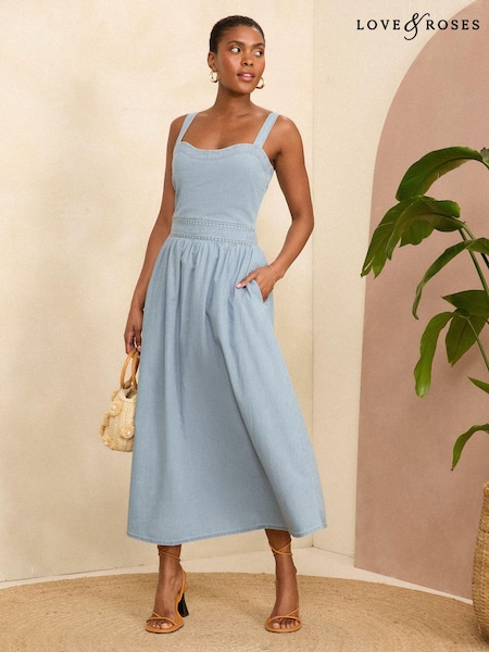 Love & Roses Chambray Denim Strappy Midi Dress (N20095) | 229 LEI