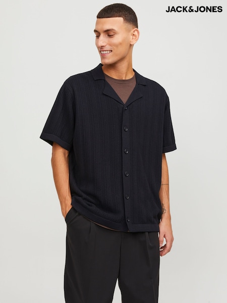 JACK & JONES Black Stuctured Knitted Short Sleeve Button Up Shirt (N20584) | €21