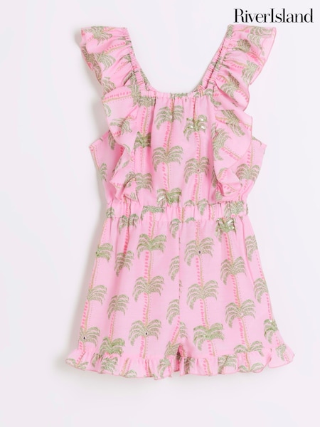 River Island Pink Girls Palm Print Playsuit (N20716) | €17