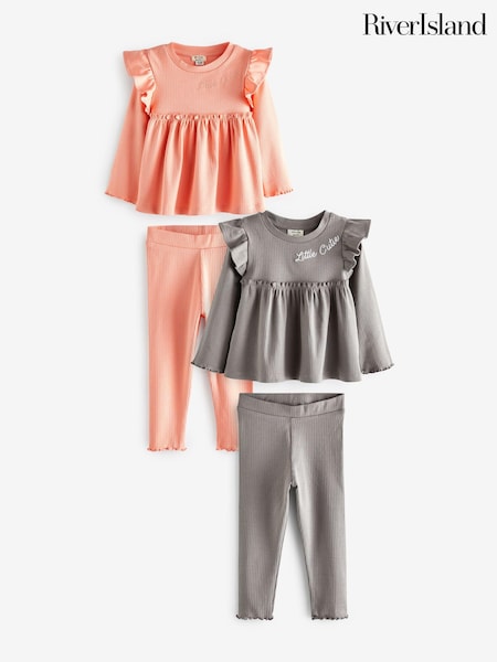 Roz/Gri - River Island Mini Fete 100% Cotton Rib Peplum Set 2 Pachet (N20869) | 116 LEI