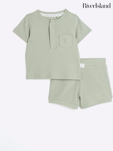 River Island Green Rib Baby Boys 100% Cotton T-Shirt and Shorts Set (N20874) | €16