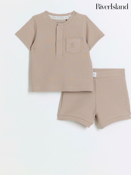 River Island Brown Rib Baby Boys 100% Cotton T-Shirt and Shorts Set (N20892) | €19