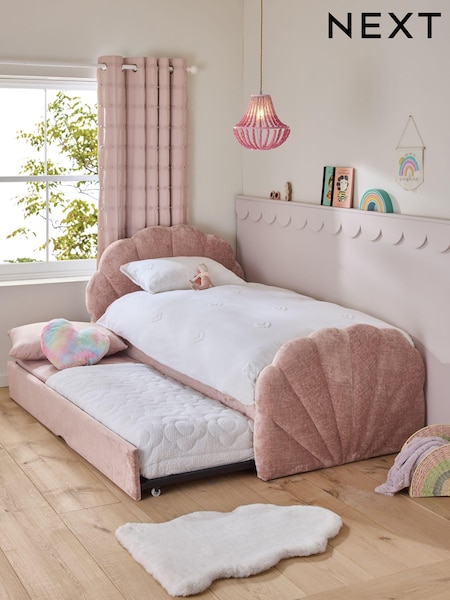 Plush Chenille Rose Pink Kids Shell Upholstered Trundle Bed (N21027) | €825