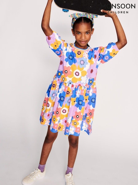 Monsoon Blue 100% Cotton Retro Floral Dress (N21034) | AED65 - AED79