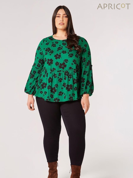 Apricot Green Mono Brushed Floral Babydoll Top (N21163) | €21.50