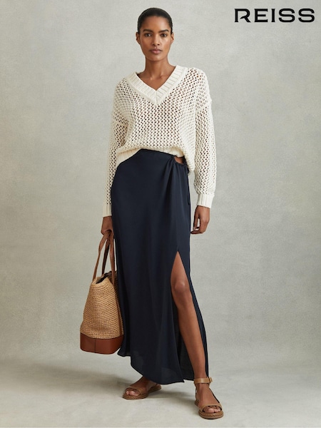 Reiss Navy Esme Gathered Side Midi Skirt (N21165) | €155
