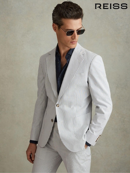 Reiss Soft Blue/White Barr Cotton Seersucker Single Breasted Slim Fit Blazer (N21176) | 2,190 QAR