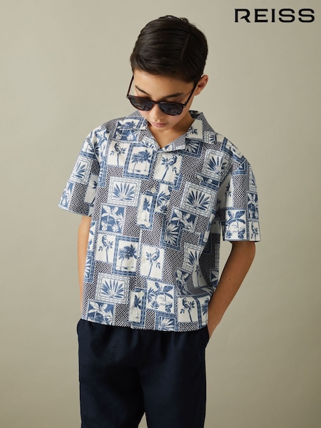 Reiss Airforce Blue Basin 3-9 yrs Cotton Blend Collage Cuban Collar Shirt (N21177) | €20