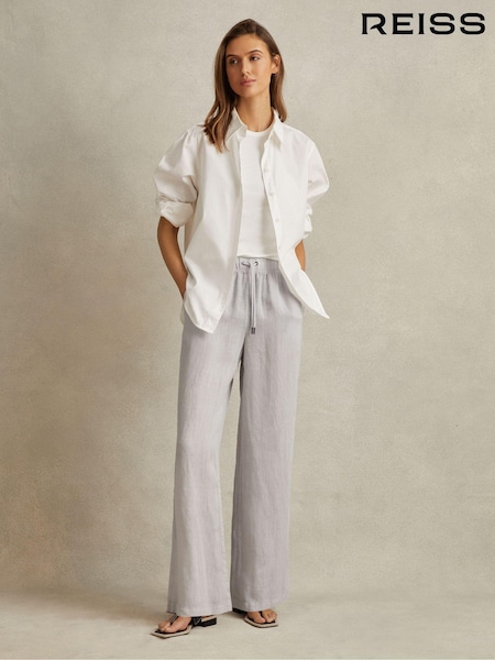 Reiss Dusty Blue Cleo Garment Dyed Wide Leg 100% Linen Trousers (N21198) | €59