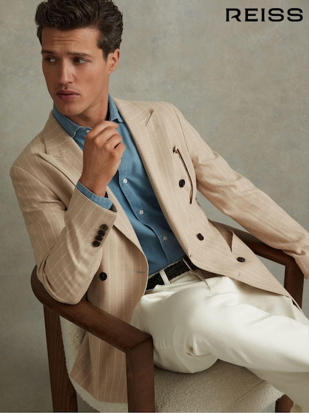 Reiss Oatmeal Jeremiah Slim Fit Double Breasted Striped Blazer (N21201) | €499