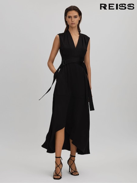 Reiss Black Raya Strappy Asymmetric Midi Dress (N21209) | 2,117 QAR