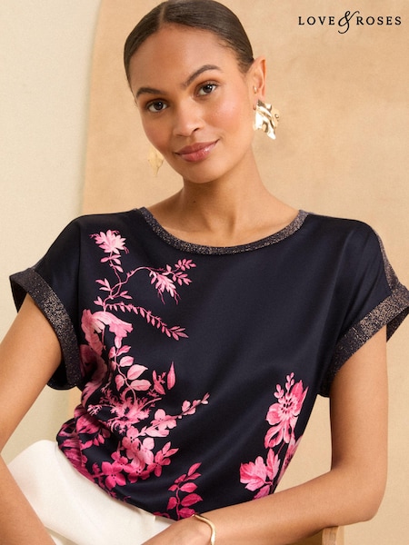 Love & Roses Pink Floral Satin Front Jersey Back T-Shirt (N21228) | €19