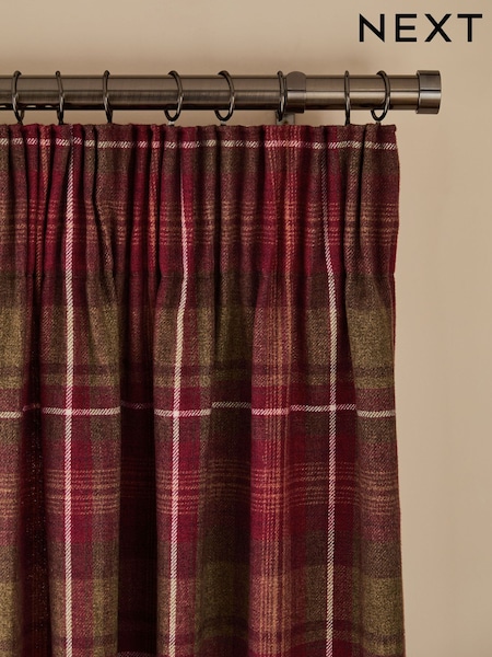 Burgundy Red Highland Check Lined Pencil Pleat Curtains (N21240) | $101 - $209
