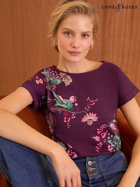 Love & Roses Crew Neck Woven Trim Linen Look Jersey T-Shirt (N21246) | 108 LEI