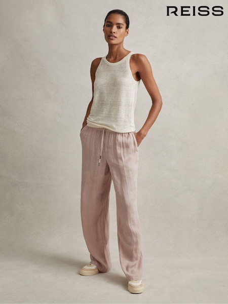 Reiss Dusty Pink Cleo Garment Dyed Wide Leg 100% Linen Trousers (N21253) | €95