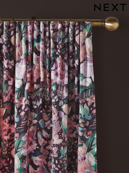 Black/Pink Rustic Romance Floral Velvet Pencil Pleat Lined Curtains (N21276) | €48 - €114