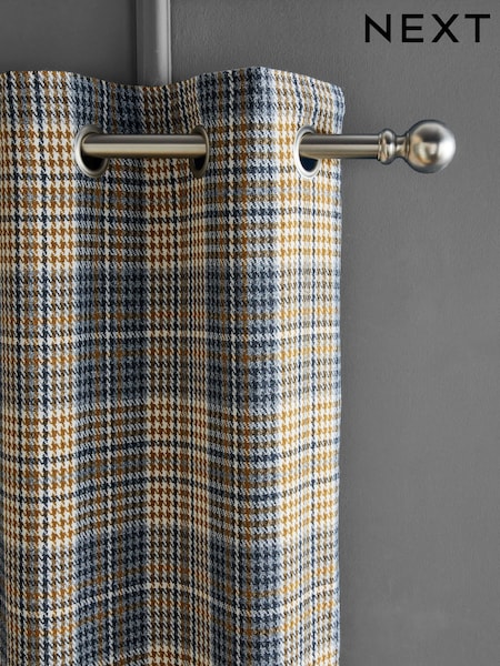 Grey/Ochre Woven Dogtooth Check Eyelet Lined Curtains (N21279) | $115 - $259