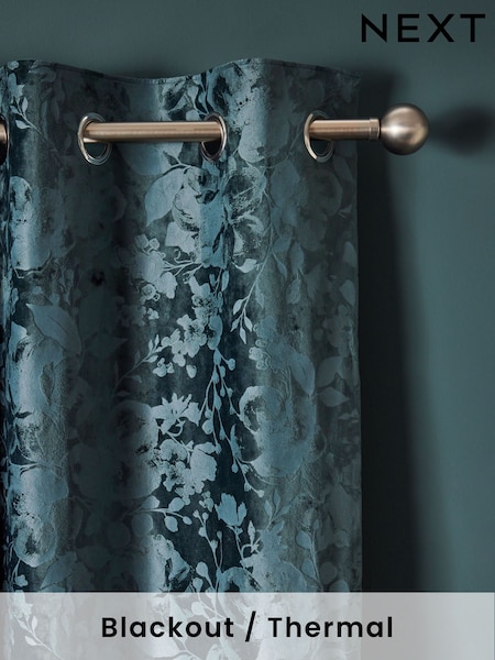 Teal Blue Floral Frosted Velvet Blackout Eyelet Curtains (N21281) | $94 - $223