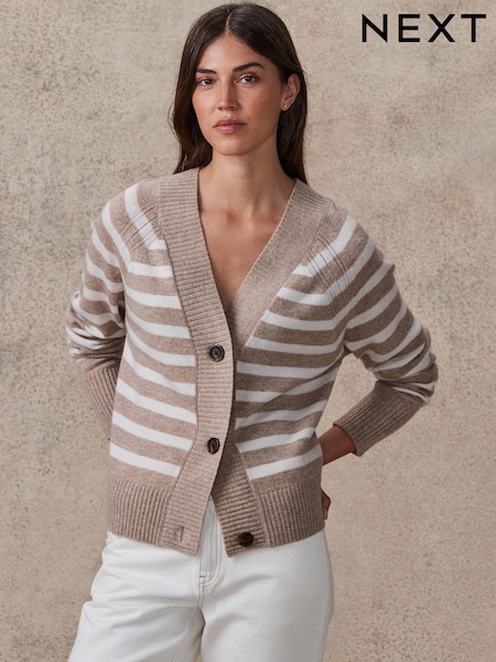 nevtralne barve/bež črtast; progast - 100% Lambswool Soft Touch Button Through Cardigan (N21284) | € 28