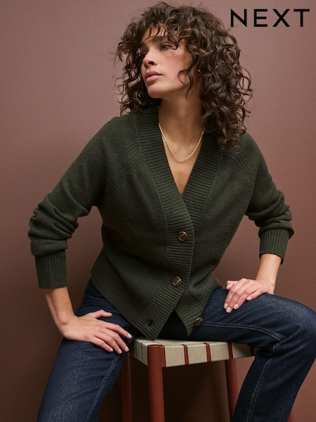 Kaki zelena - 100% Lambswool Soft Touch Button Through Cardigan (N21295) | € 27