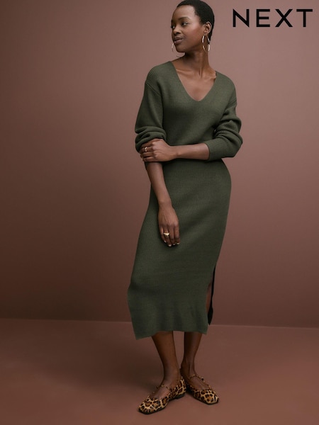 Khaki Green Long Sleeve V-Neck Midi Ribbed Knitted Jumper Dress (N21305) | kr472