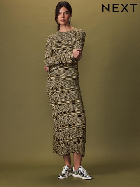 Olive Green Spacedye Knitted Long Sleeve Midi Jumper Dress (N21308) | €10